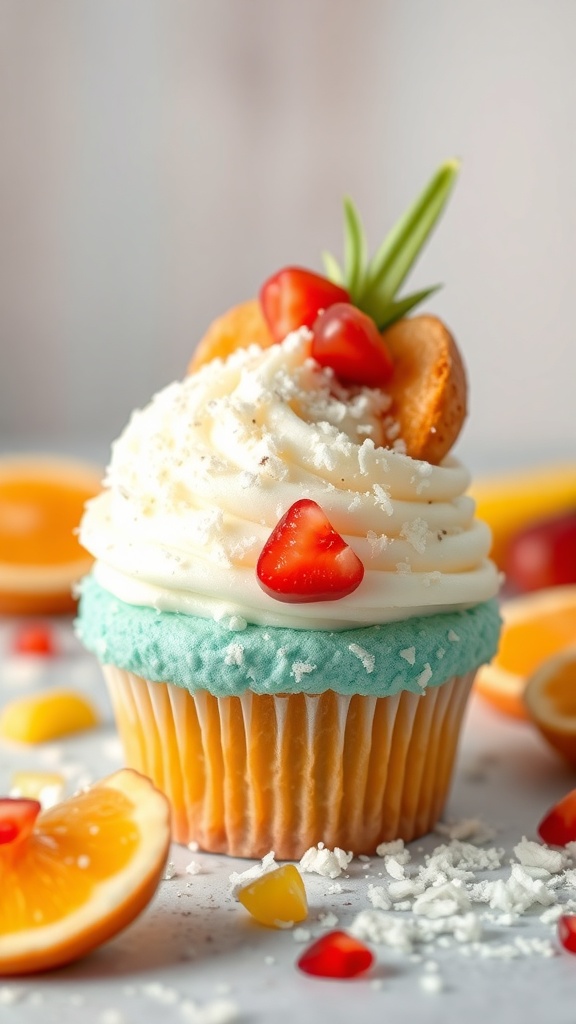A colorful cupcake with coconut frosting and fruit toppings, surrounded by tropical fruits.
