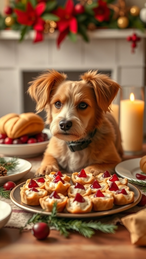 A dog looking at a plate of turkey and cranberry bites surrounded by festive decorations.