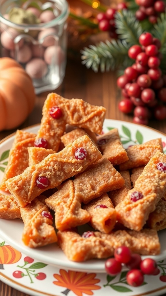 A plate of homemade turkey and cranberry chews for dogs, surrounded by festive decorations.