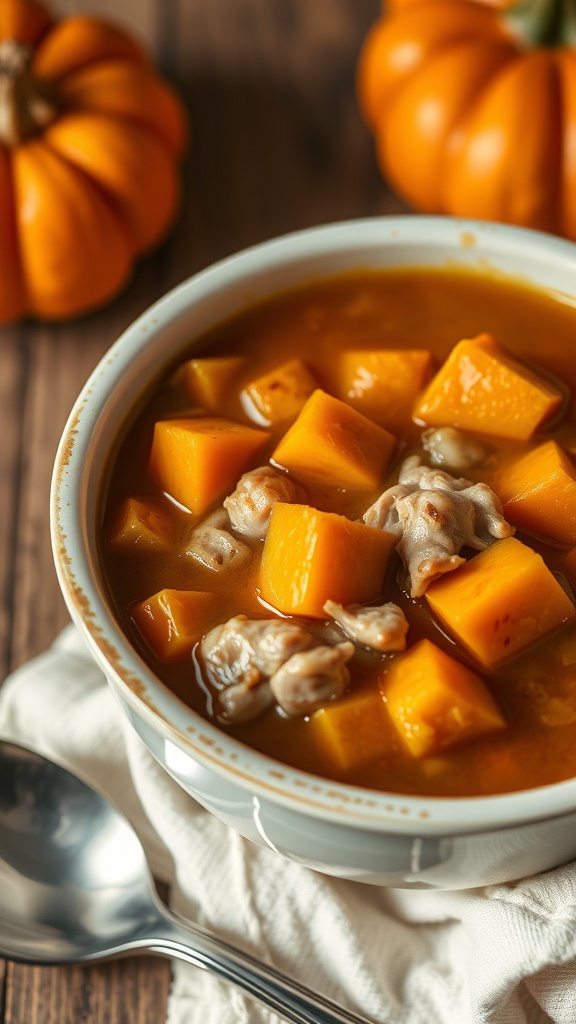 A bowl of turkey and pumpkin stew with chunks of turkey and pumpkin, surrounded by pumpkins.