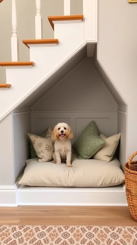 A small dog sitting on a bed with pillows in an under-the-stairs nook.