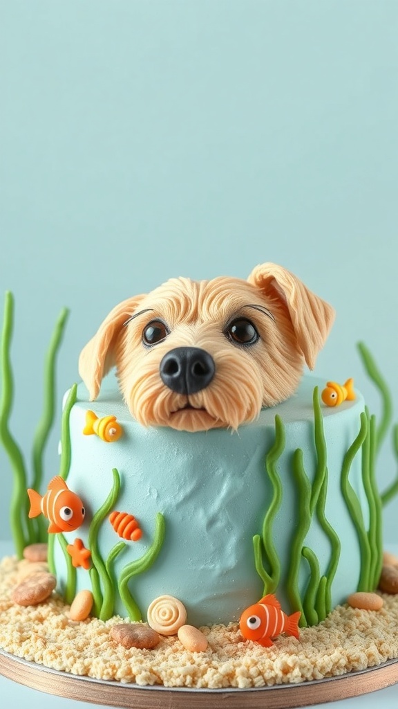 A whimsical dog cake design featuring a dog head and sea-themed decorations.