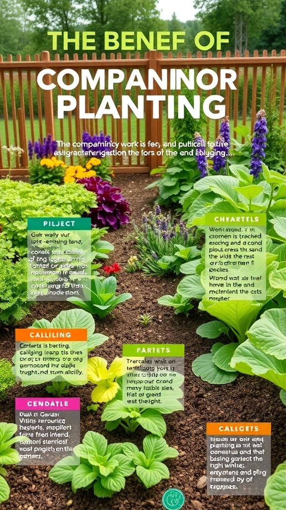 A colorful garden showcasing various plants with labels indicating their companion planting benefits.
