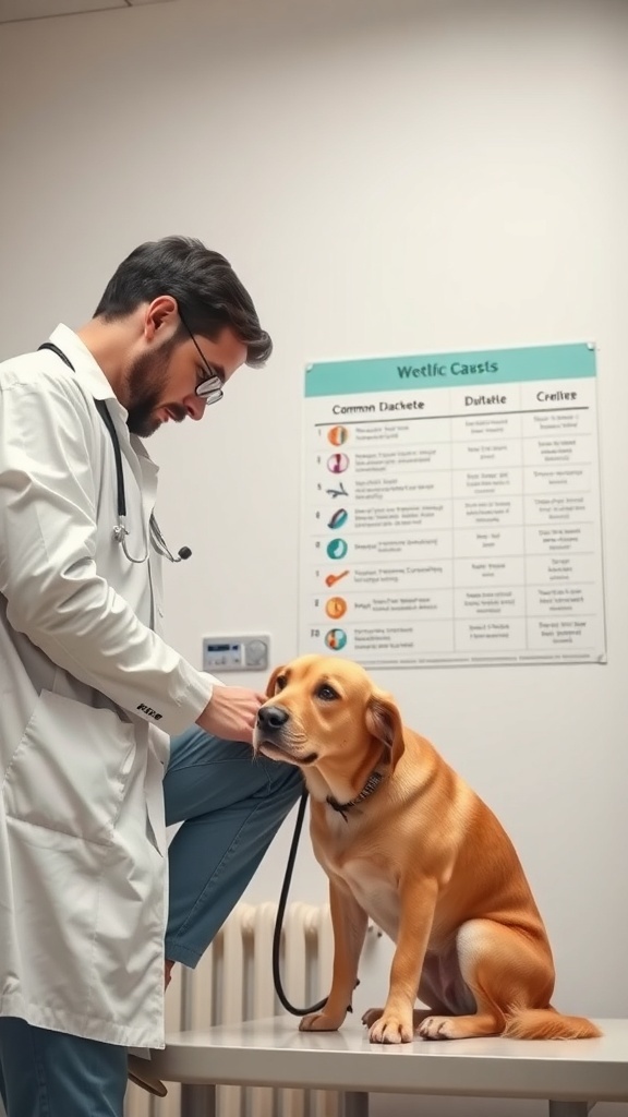 A veterinarian examining a dog in a clinic, with a medical chart on the wall.