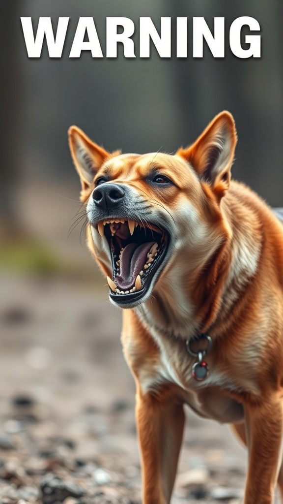 A dog growling with its mouth open, showing teeth, indicating a warning sign.