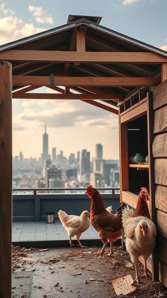 Urban rooftop chicken coop with chickens and a city skyline in the background