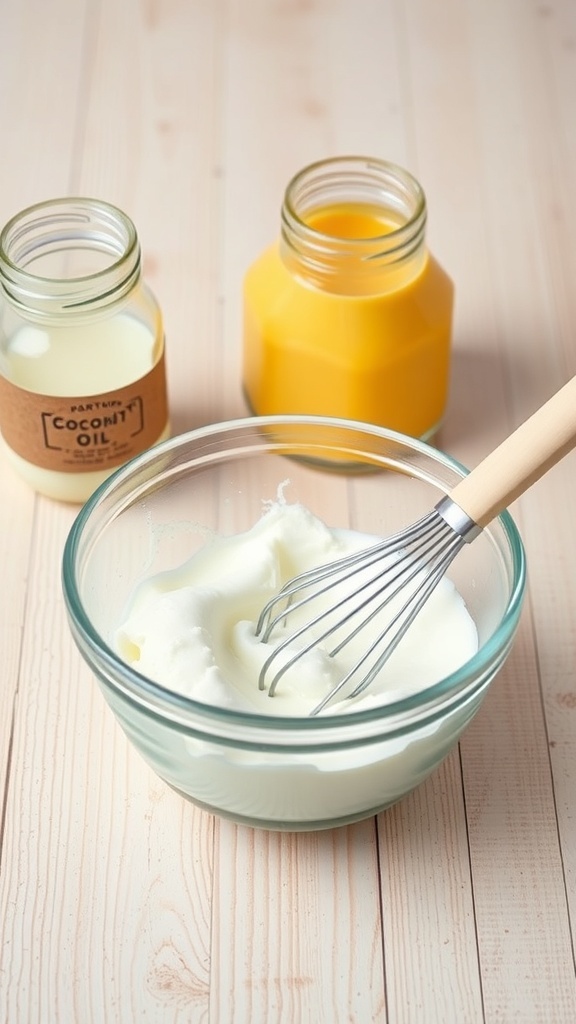 Homemade dog toothpaste ingredients including coconut oil, baking soda, and turmeric.