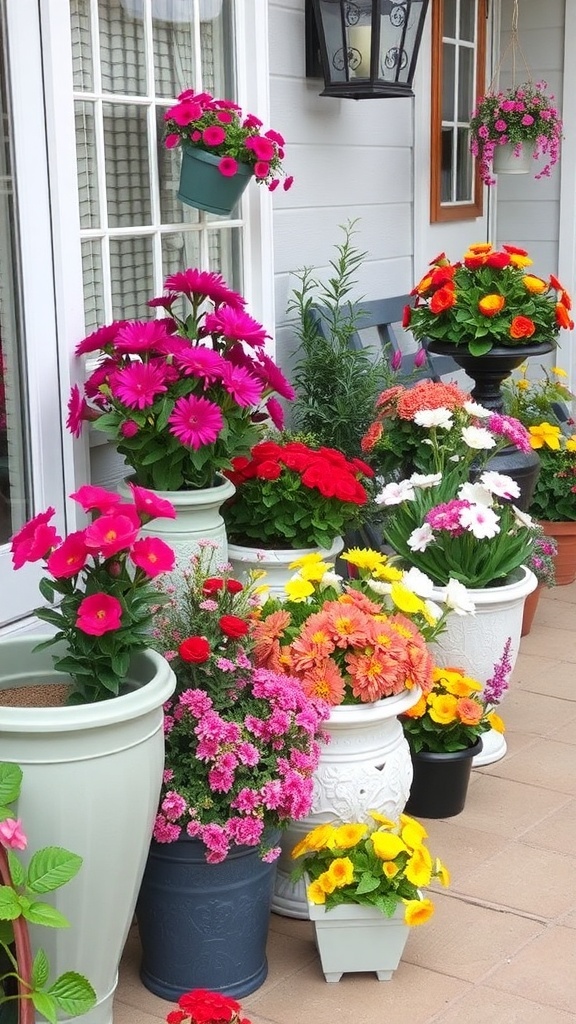 Colorful flowers in various containers on a patio, showcasing a vibrant small garden.