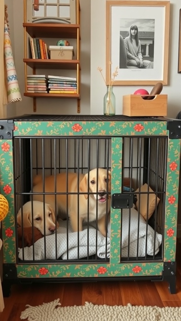 Decorative dog crate with two dogs inside, featuring floral design and cozy bedding.