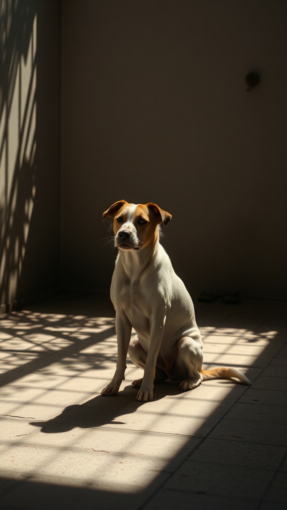 A dog sitting in a sunlit area with shadows creating patterns on the ground.