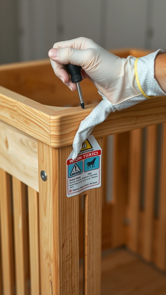 A person assembling a wooden dog crate with a non-toxic label visible