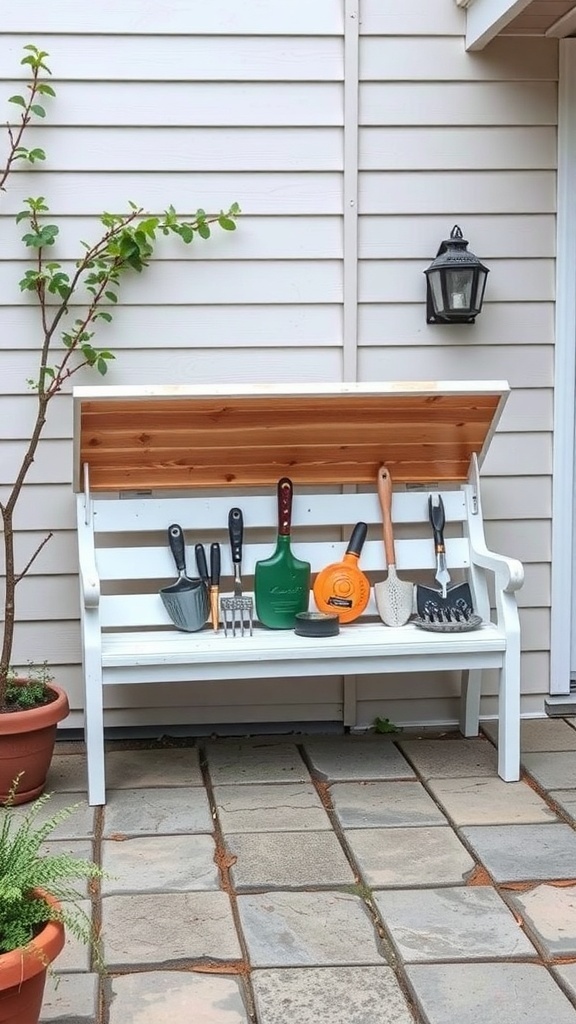A white storage bench in a small patio garden, displaying gardening tools on top.