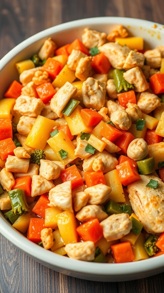 A colorful vegetable and chicken casserole in a white dish, featuring diced chicken, carrots, bell peppers, and green beans.