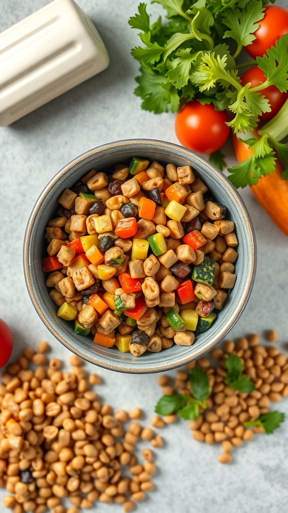 A bowl of colorful vegetable and lentil medley with fresh ingredients around it.