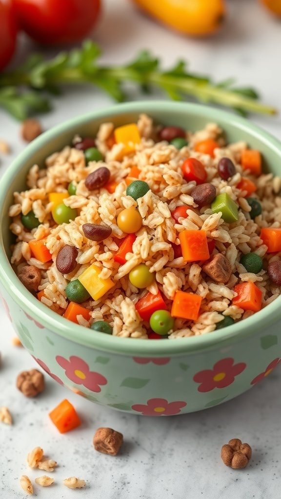 A bowl of homemade vegetarian dog food with brown rice, beans, and colorful vegetables.