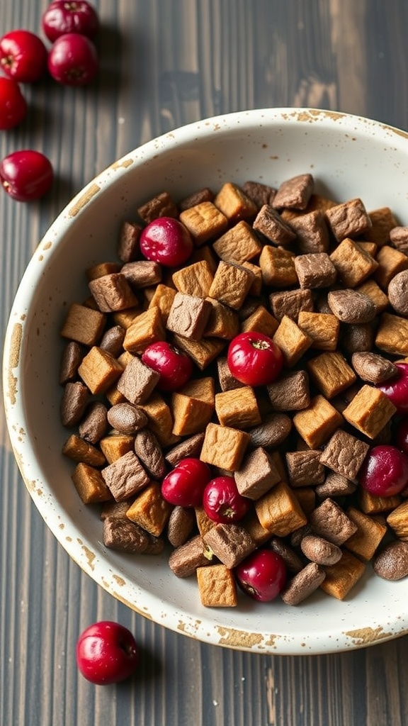 A bowl filled with venison treats and fresh berries