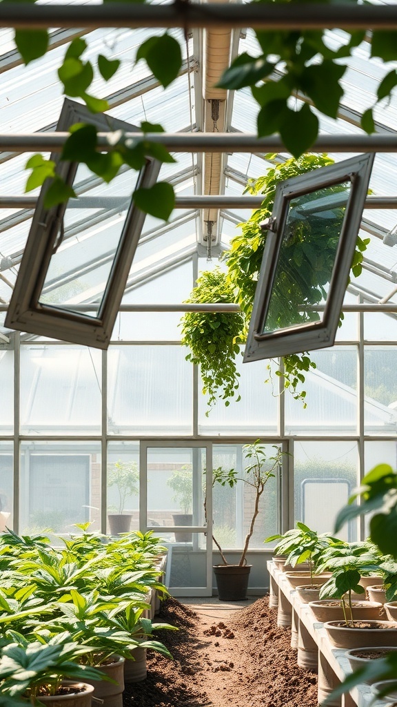 Interior of a greenhouse with open windows and potted plants