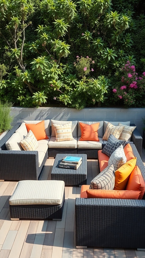 A stylish modular sofa set on a patio surrounded by greenery, featuring colorful cushions and a coffee table.