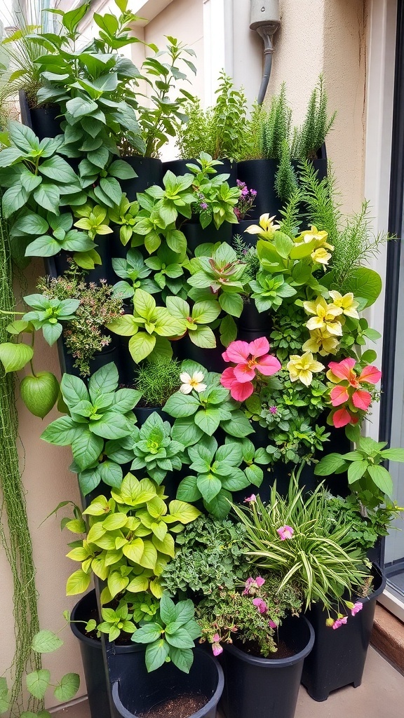 A vertical garden bed filled with various plants and flowers, showcasing a colorful and lush arrangement.