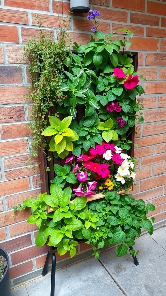 A vertical garden planter filled with colorful flowers and greenery against a brick wall.