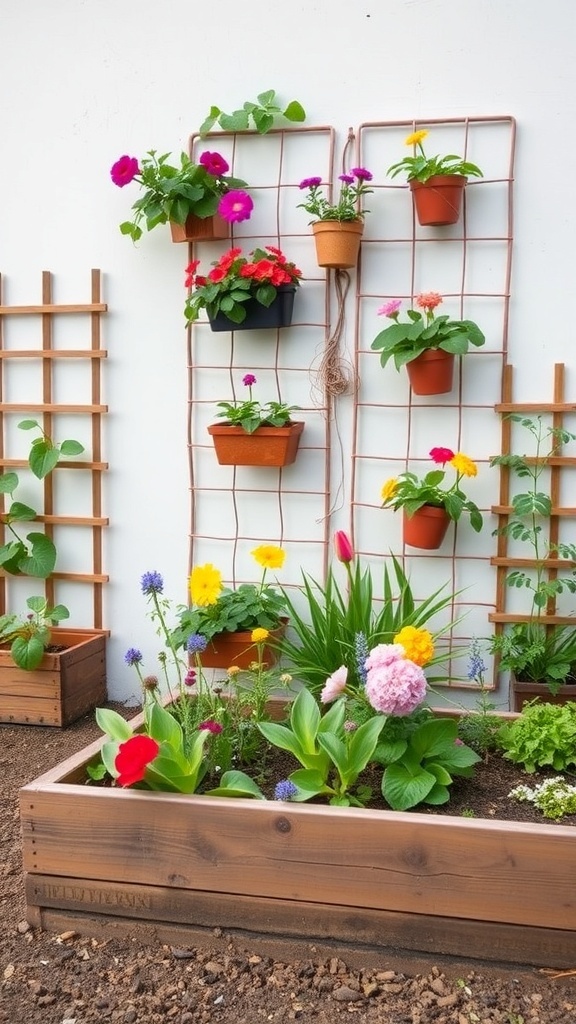 A vibrant vertical garden with flowers in pots on trellises and colorful blooms in raised beds.