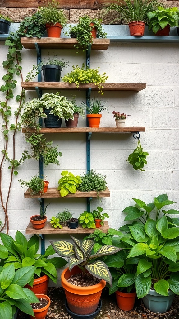 A vertical garden with multiple shelves displaying various potted plants