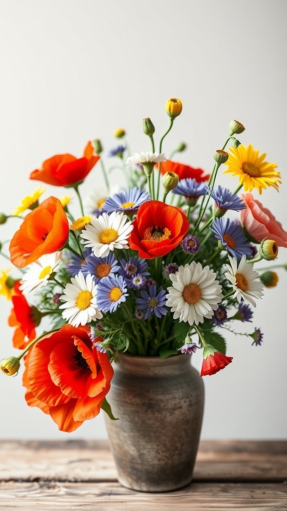 A vibrant bouquet of wildflowers including red poppies, white daisies, and blue flowers in a rustic vase.