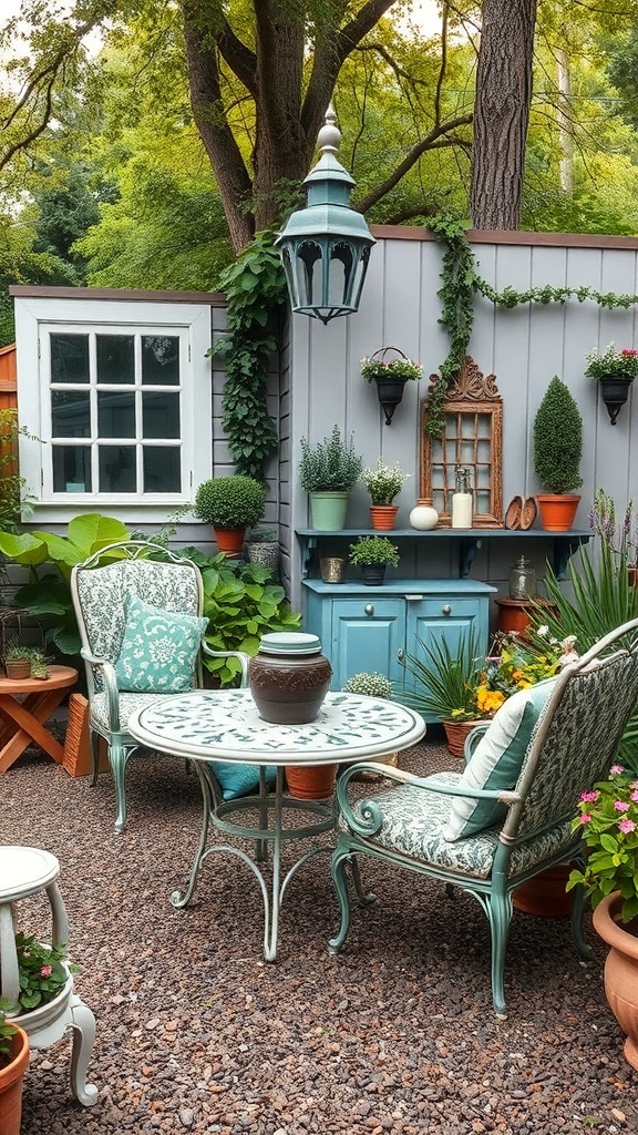 A cozy vintage garden seating area with ornate furniture, potted plants, and a decorative cabinet.