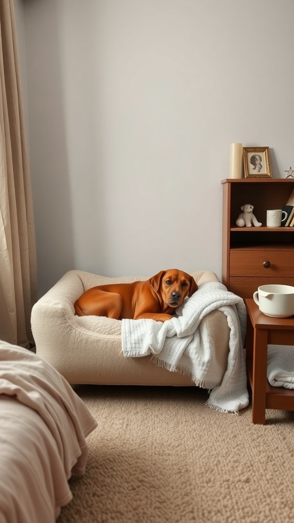 A dog resting comfortably in a cozy bed with a blanket in a warm room.