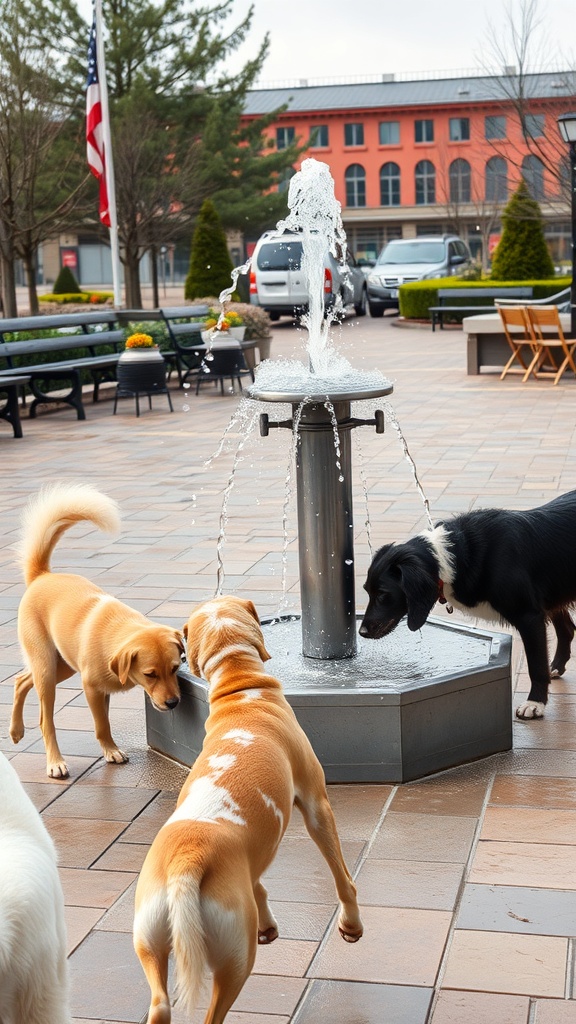 Dogs playing around a fountain in an outdoor area