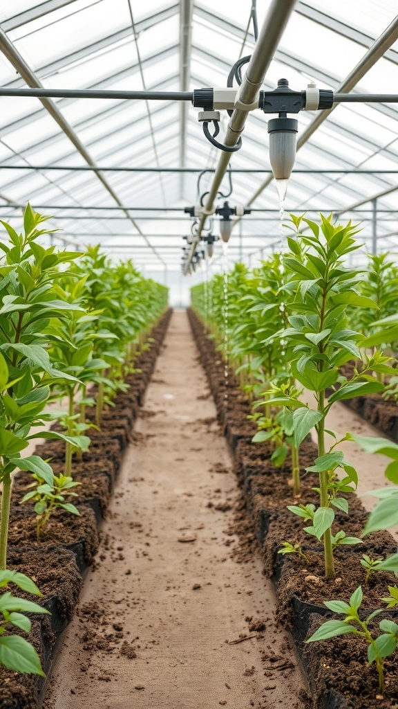 A greenhouse interior with rows of plants and a drip irrigation system