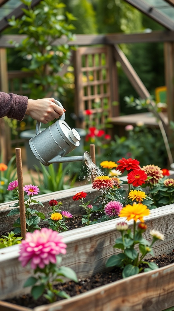 A person watering colorful flowers in a raised flower bed using a silver watering can.