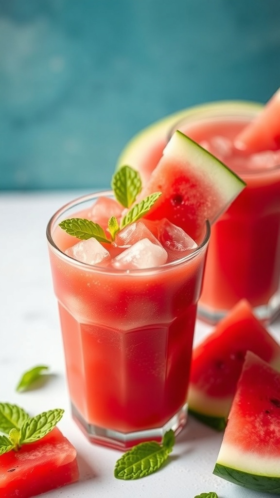 A refreshing watermelon and mint slushie in a glass, garnished with mint leaves.