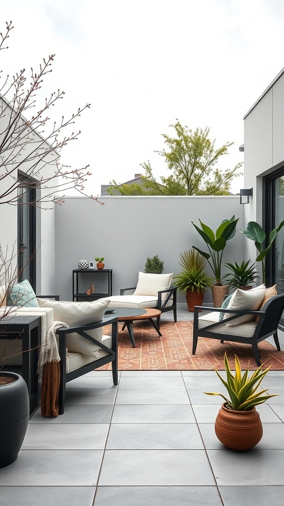 A modern patio featuring weather-resistant lounge furniture, plants, and a cozy atmosphere.
