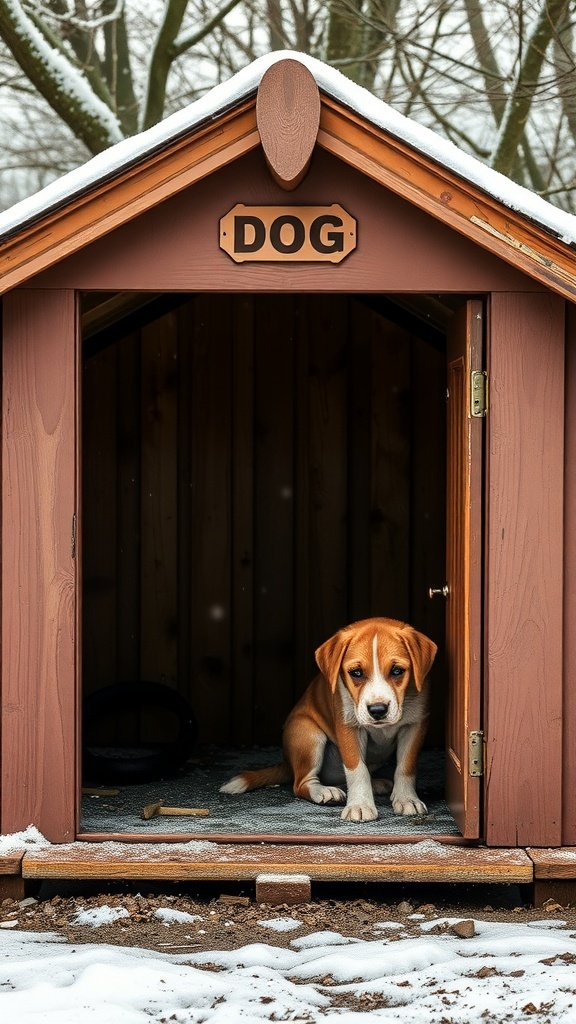 A dog sitting in a weatherproof dog house with snow on the ground.