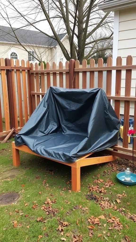 An elevated dog bed covered with a tarp in a backyard setting.