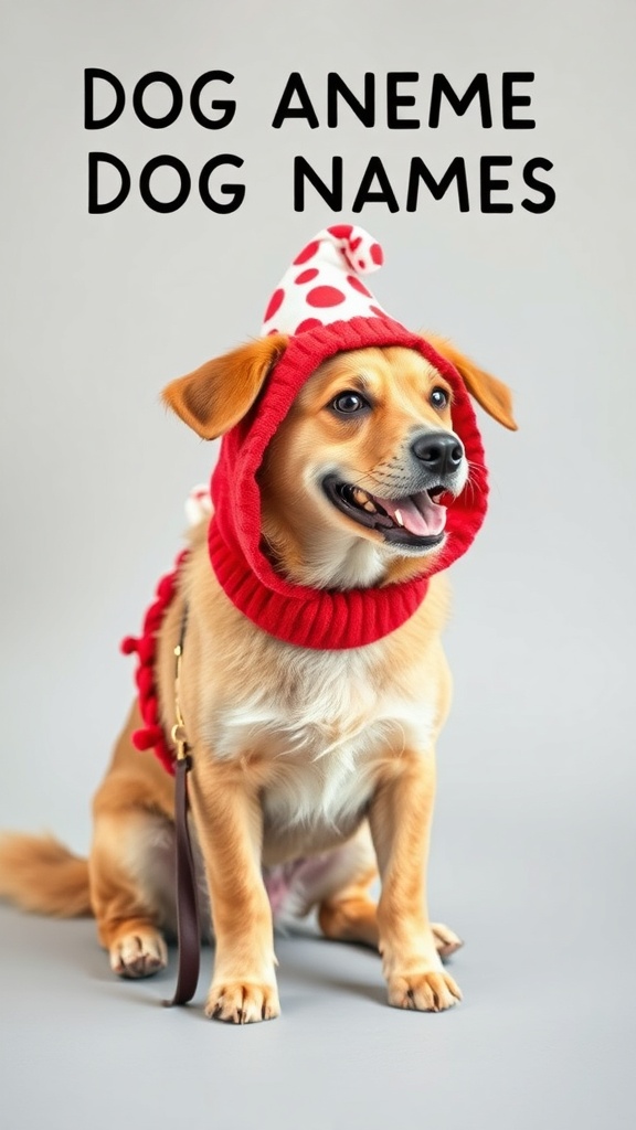 A cheerful dog wearing a red outfit with a playful hat, representing whimsical dog names.