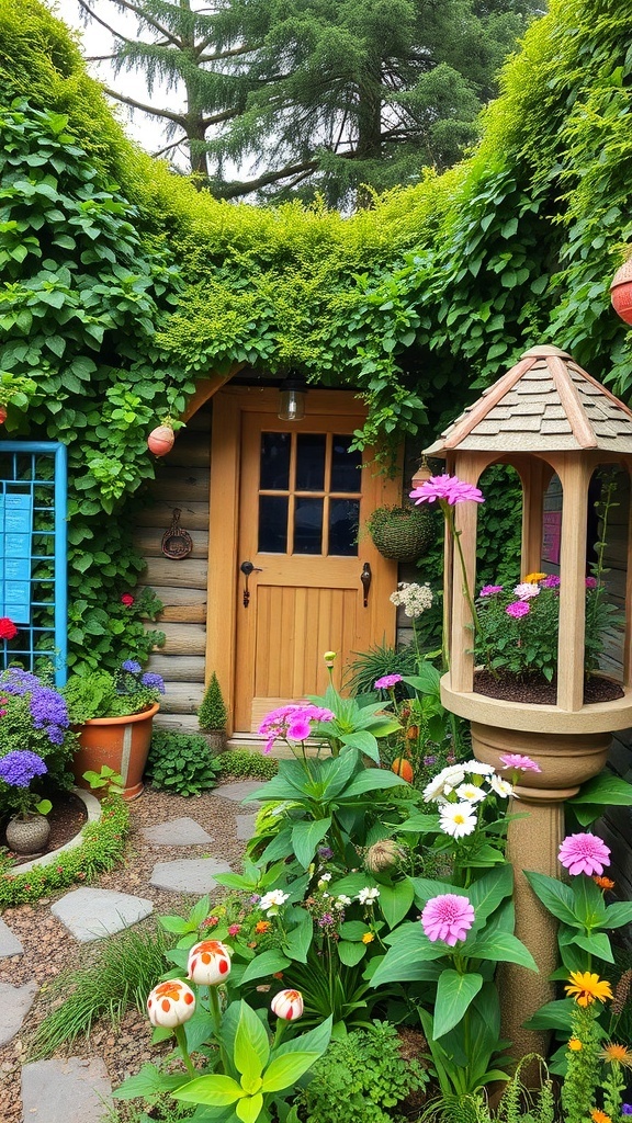 A colorful backyard cottage garden featuring whimsical decor, including statues, flower pots, and a blue door.