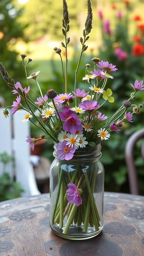 A wildflower bouquet in a glass jar, featuring various colorful flowers and green stems.