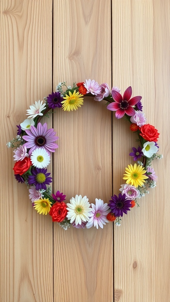 A colorful wildflower crown made of various flowers, displayed against a wooden background.