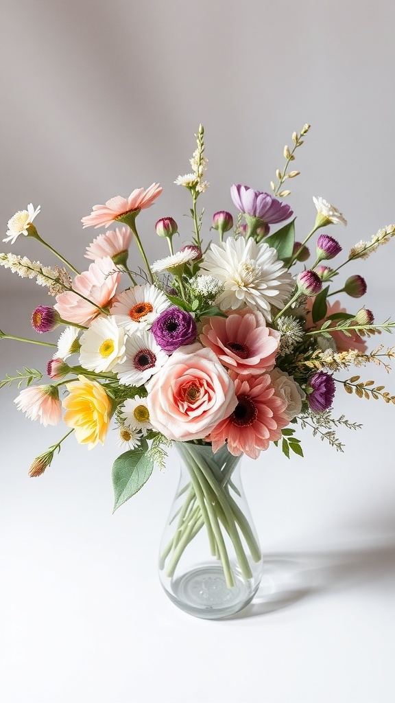 A vibrant wildflower bouquet featuring pink, purple, and white flowers in a clear vase.