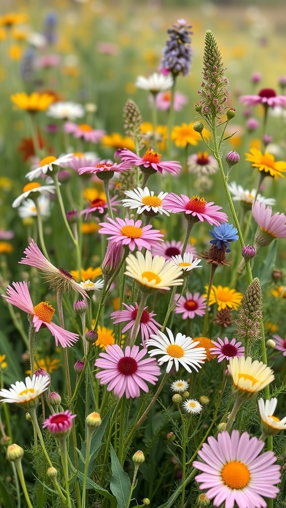 A vibrant wildflower field with pink, yellow, and white flowers in full bloom.