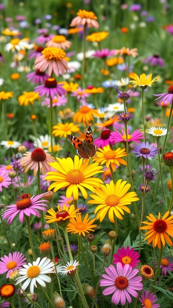 A colorful wildflower garden bed with various flowers and a butterfly