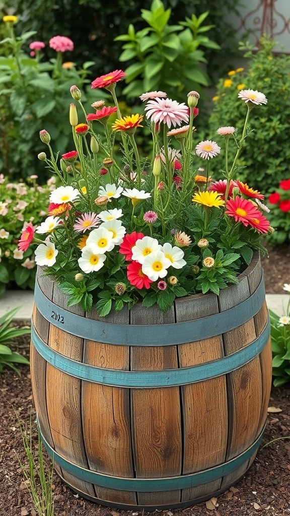 A wine barrel filled with colorful flowers in a garden
