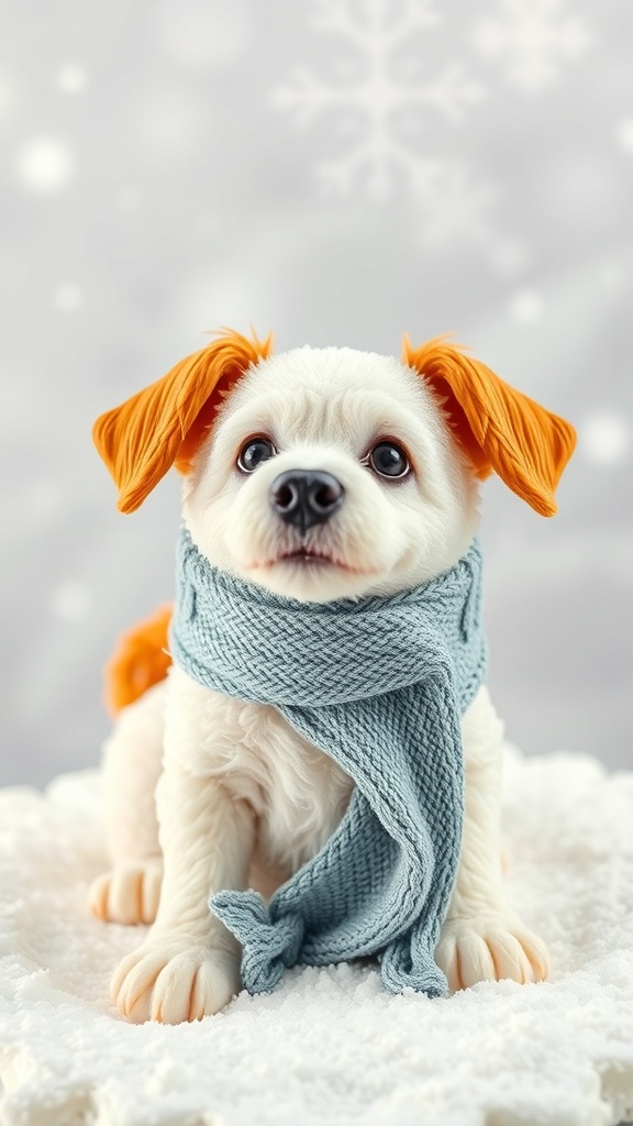 A cute dog with orange ears wearing a blue scarf, sitting on a snowy cake