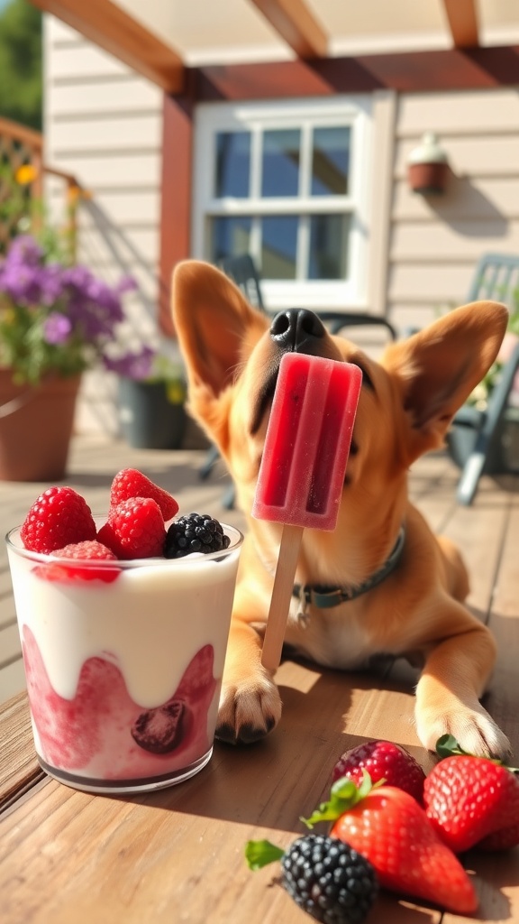 A happy dog lying on the ground with yogurt and berry chew pops beside it.