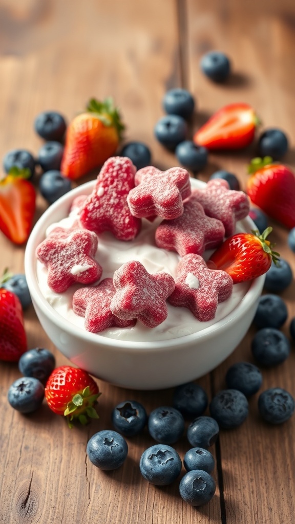 Frozen dog treats shaped like stars, made with yogurt and berries, surrounded by fresh strawberries and blueberries.