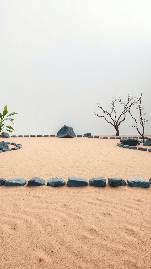 A Zen garden featuring stone borders, sand, and minimalistic plants.
