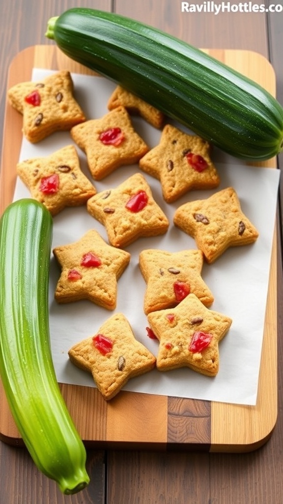 Homemade zucchini and bacon dog treats shaped like stars, with fresh zucchini beside them.