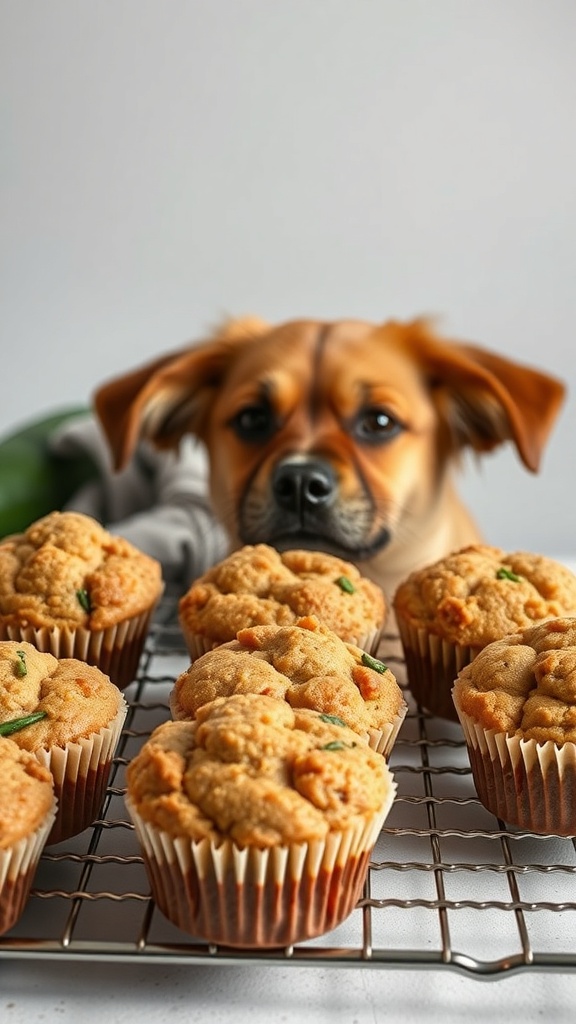 A batch of zucchini and carrot muffins cooling on a rack with a dog looking at them.
